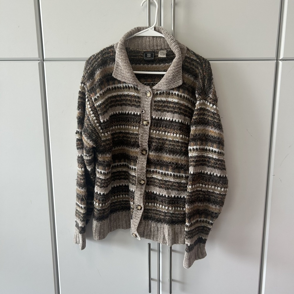 Maurices Vintage Striped Knit Cardigan Sweater Brown Tan Wool Blend Large